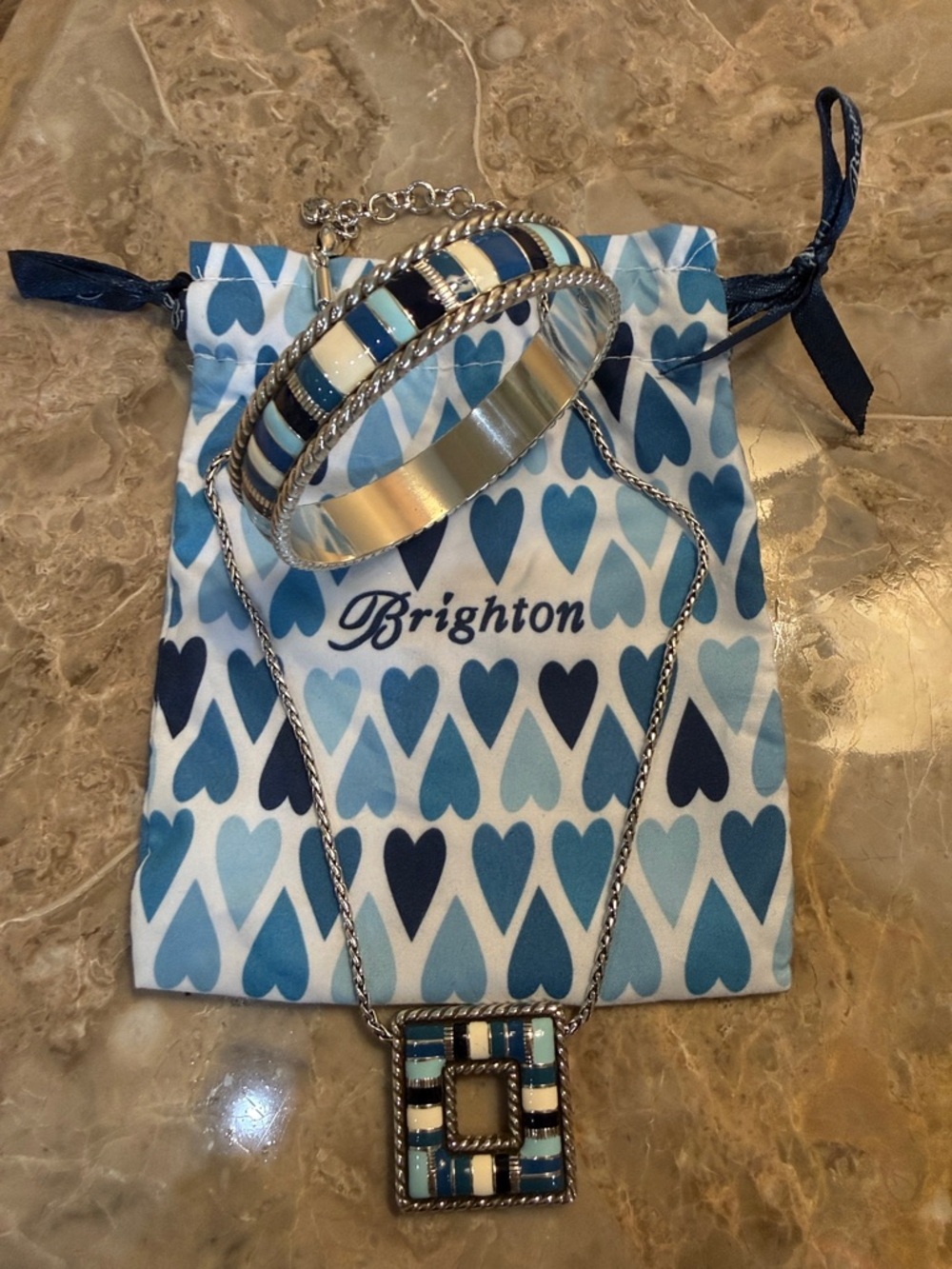 Brighton Retired Blue Cabana Square Pendant Necklace and Bangle Set